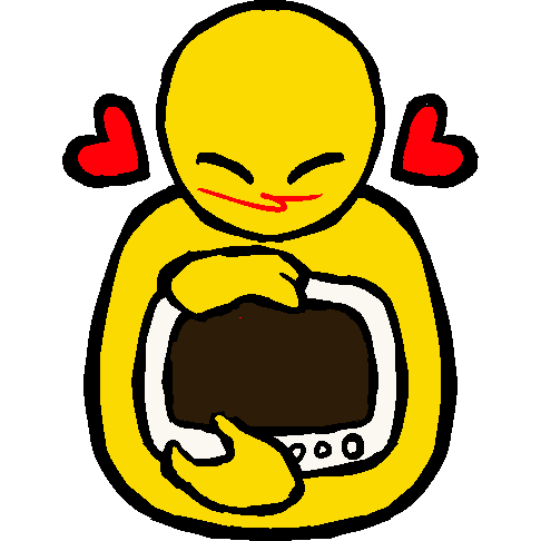 A yellow person that hold a TV with black screen, with hearts next to it.